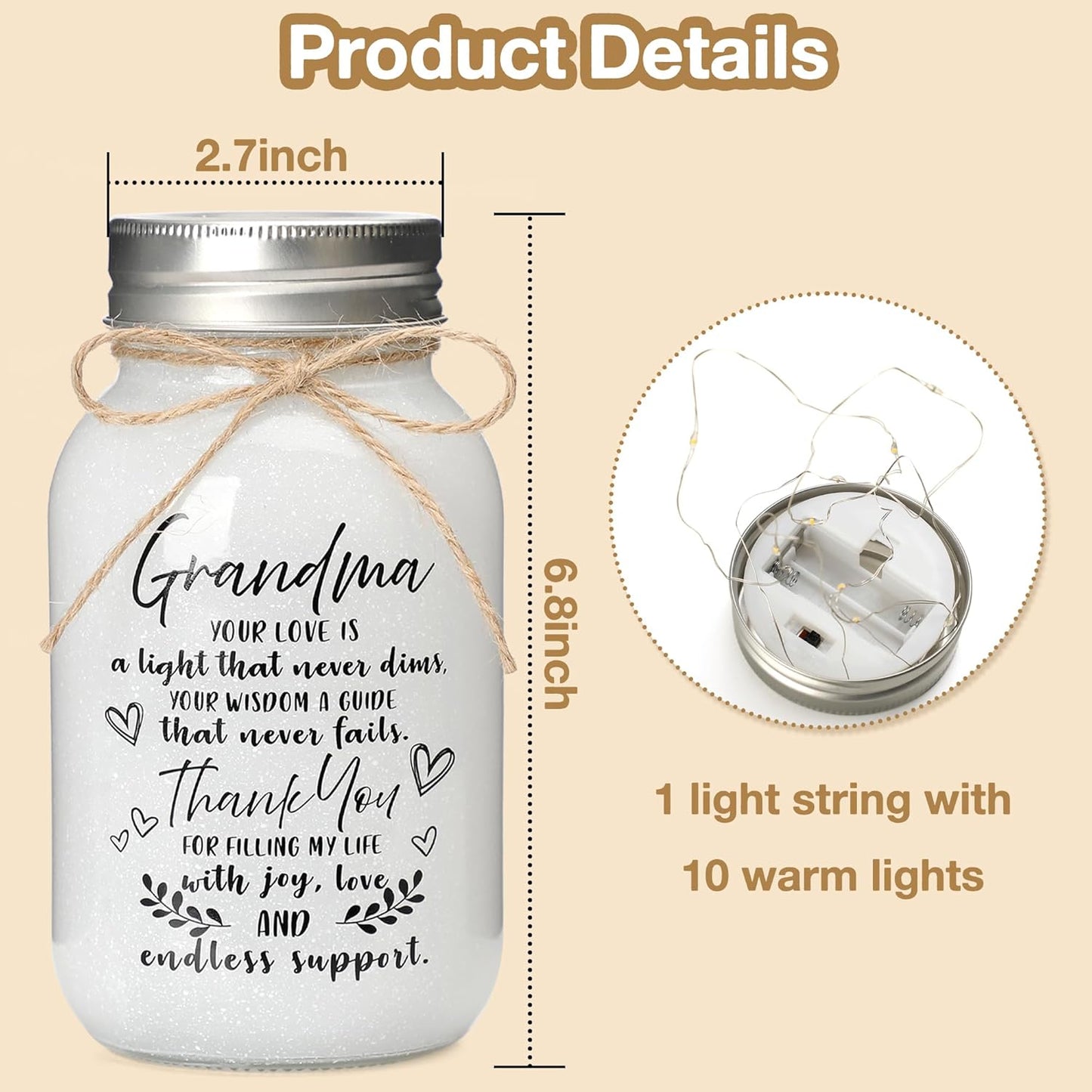Lumières Mason Jar Pour Grand-Mère, Bocal Mason Avec 10 Lumières Chaudes, Cadeau De Thanksgiving, Noël, Grand-Mère, Décoration D'Intérieur, Cadeaux Pour Grand-Mère