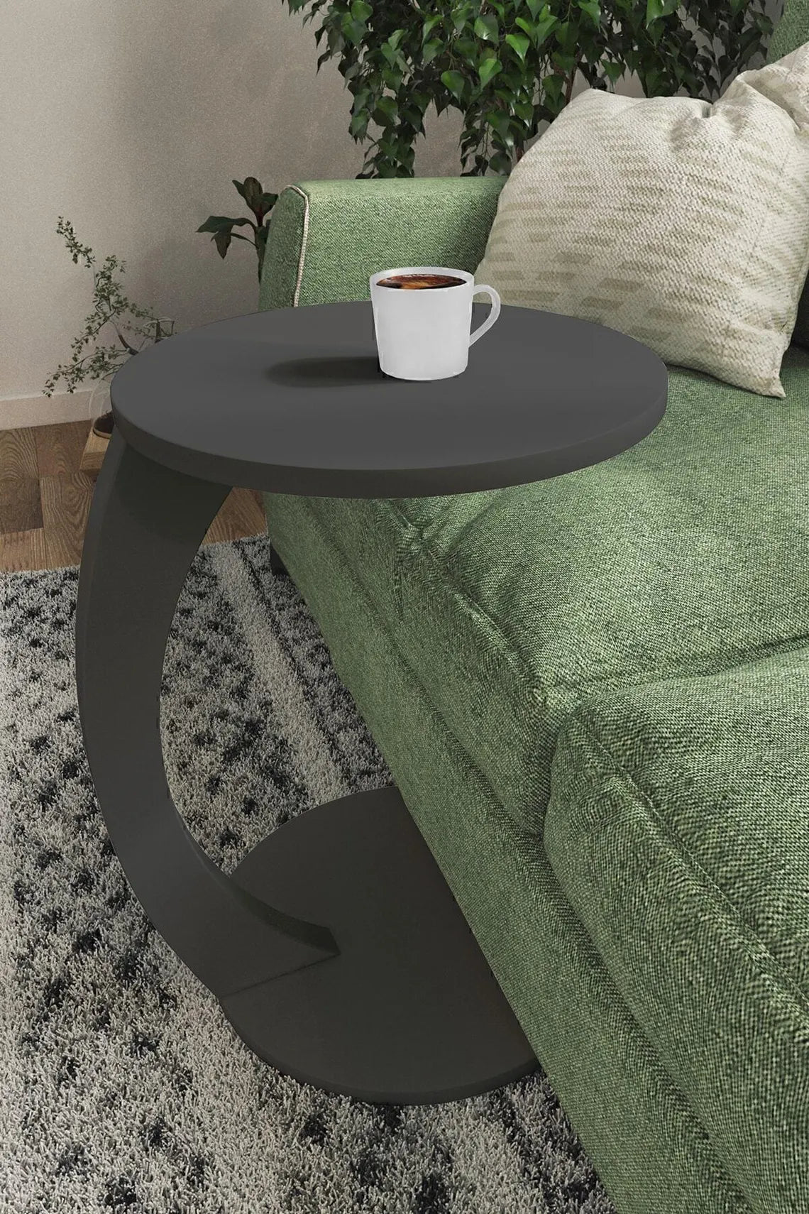 C Shaped Wooden Side Table – Rustic Sofa End Table for Living Room or Bedside – Compact Round Laptop