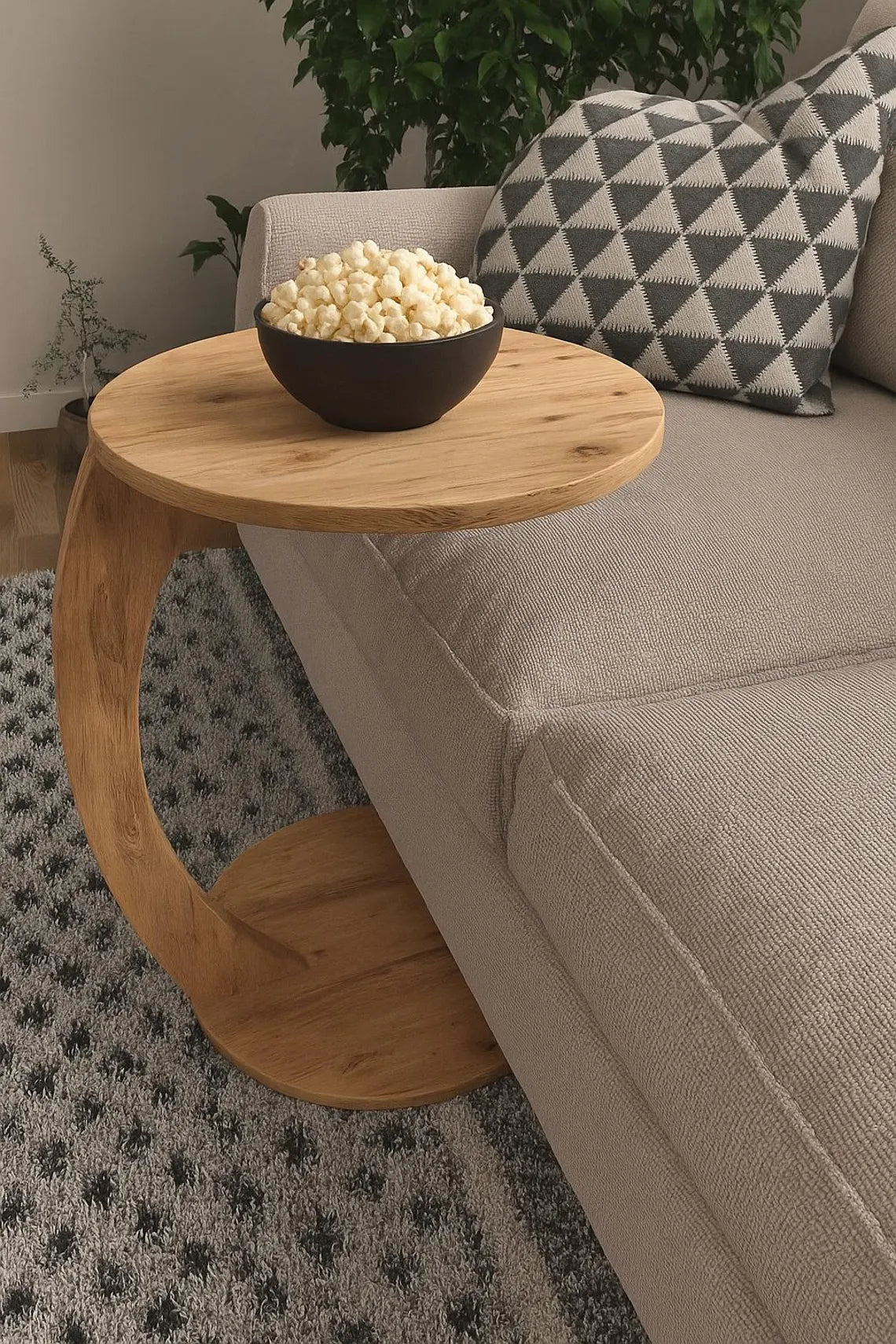 C Shaped Wooden Side Table – Rustic Sofa End Table for Living Room or Bedside – Compact Round Laptop