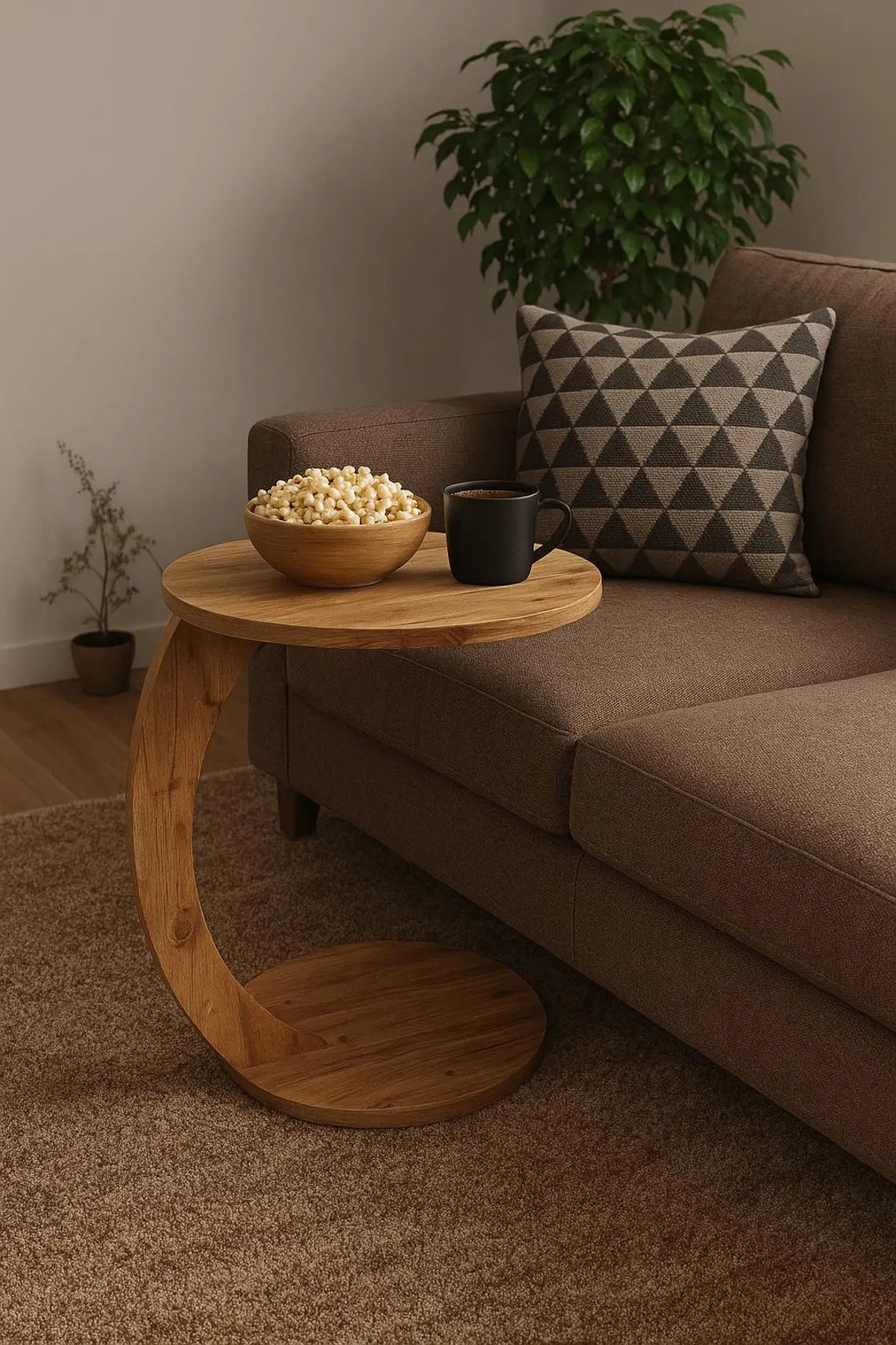 C Shaped Wooden Side Table – Rustic Sofa End Table for Living Room or Bedside – Compact Round Laptop