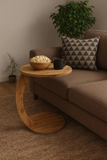 C Shaped Wooden Side Table – Rustic Sofa End Table for Living Room or Bedside – Compact Round Laptop