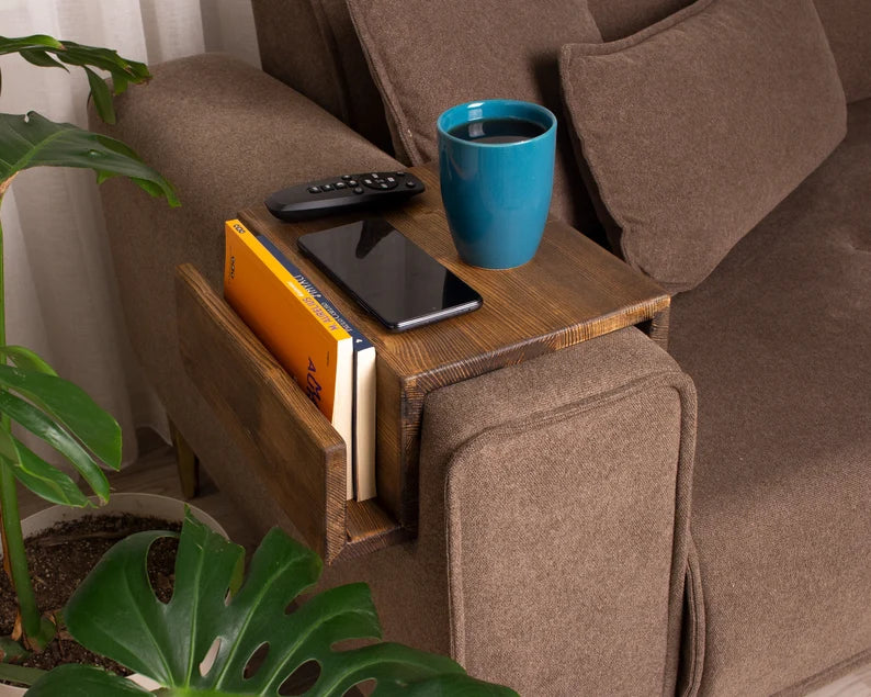 Couch Arm Rest Table with Magazine Stand, Modern Wood Armrest Table, Simply Sofa Arm Tray Table, Couch Tray