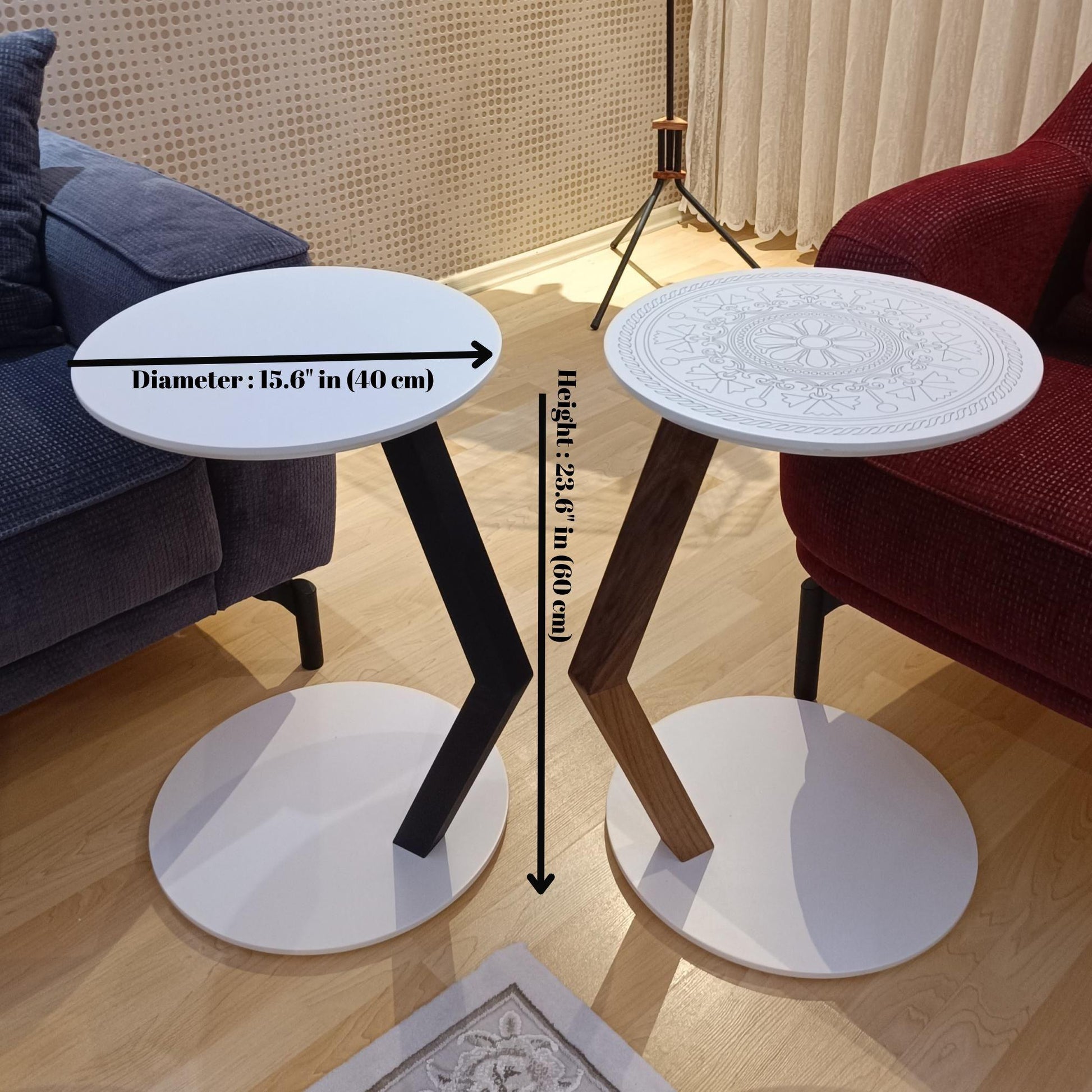 A modern C-shaped side table designed to stay right by their side