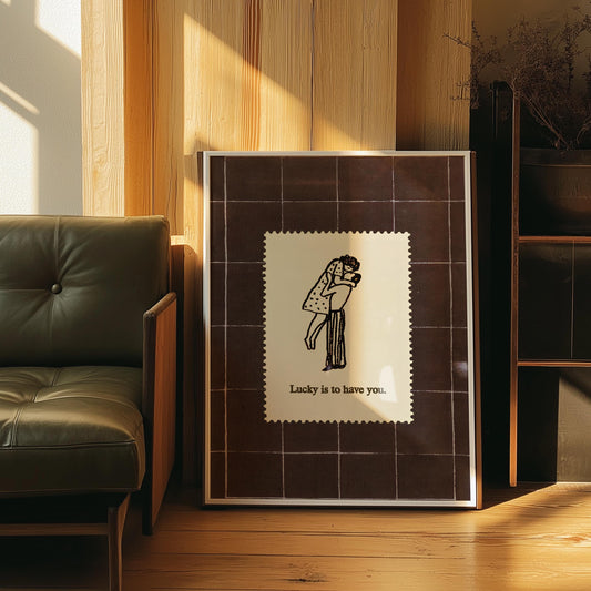 Mid-Century Couples Poster: 'Lucky Is to Have You' Vintage Love Stamp Print, Romantic Anniversary Wall Art, Retro Valentine Bedroom Decor